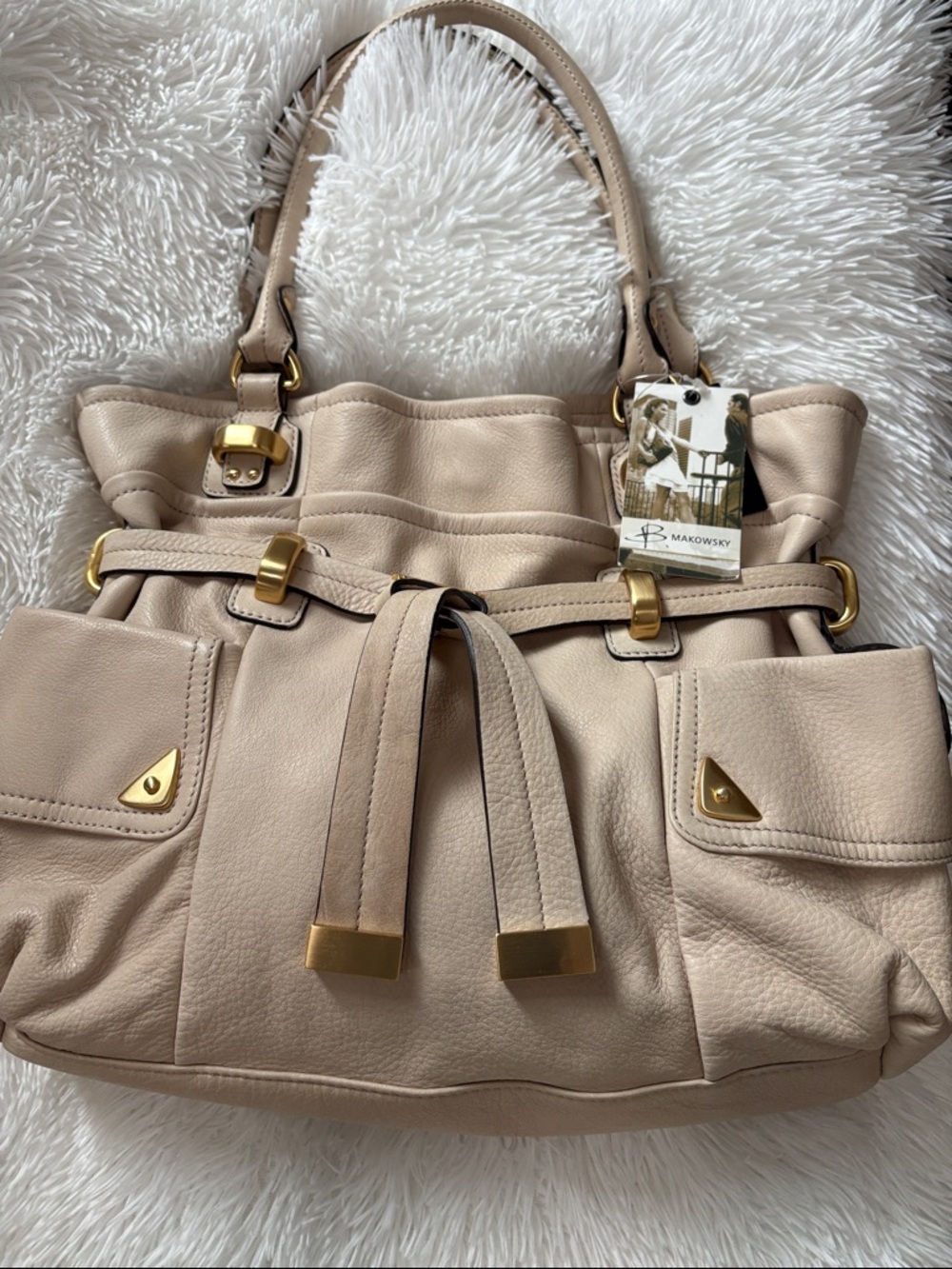 b. makowsky Beige Leather Shoulder Bag with Gold Hardware